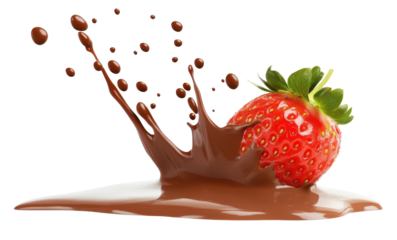 Strawberry in chocolate splash isolated on a transparent background.