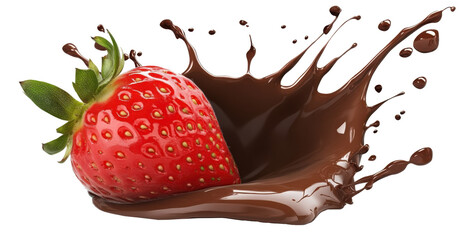 Strawberry in chocolate splash isolated on a transparent background.