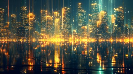 Fototapeta premium Mesmerizing Nighttime Skyline Reflected in Serene River