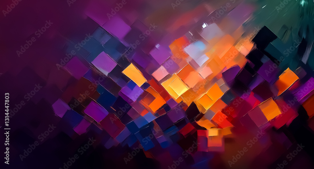 Poster A dynamic abstract artwork featuring geometric shapes of squares and diamonds.  Vibrant colors such as purple, orange, red, and yellow create a bold and modern design.