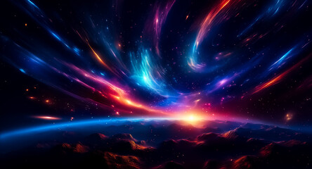 Obraz premium A vibrant cosmic vista unfolds with swirling nebulae in hues of blue, red, and orange above a dark, clouded planet, illuminated by a bright glow on the horizon.