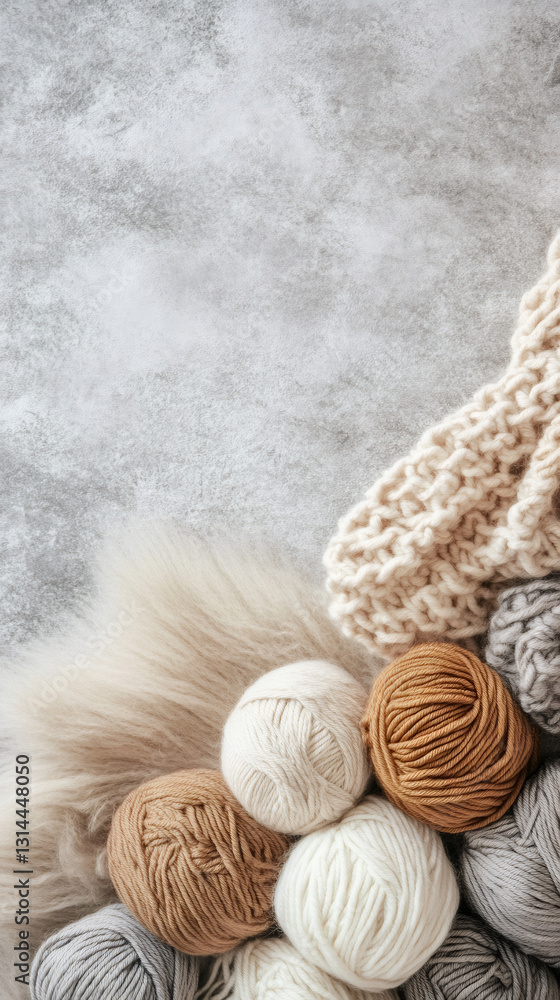 Poster wool yarn balls near handcrafted knitted garment lying on textured gray concrete surface with open c