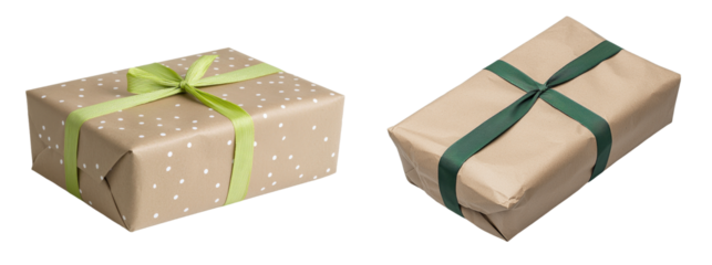Wrapped in brown paper and secured with a green ribbon that has a polka dot pattern, this gift boasts a charming, eco-friendly look, isolated on a transparent background and saved as a png