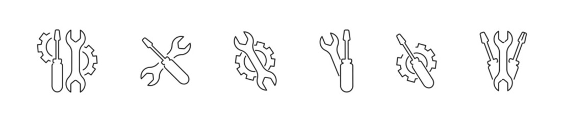 Wrench, screwdriver, gear icon set. Service tools icons. Workshop logotype. Vector illustration