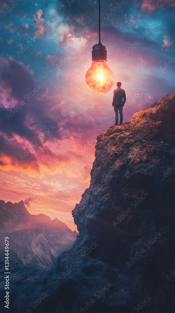 Aufkleber surreal image of a businessman standing on a cliff looking at a huge light bulb hanging in a starry 