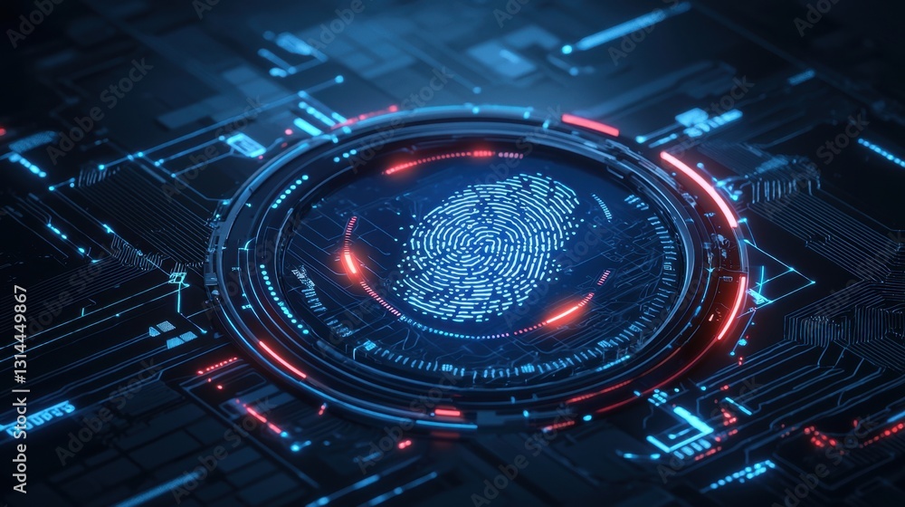 Poster futuristic biometric scan with digital fingerprint and glowing identification interface, cyber secur