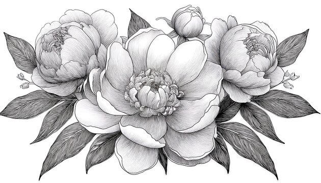 "Peony Line Drawing &ndash; Black and White Floral Bouquet for Coloring"