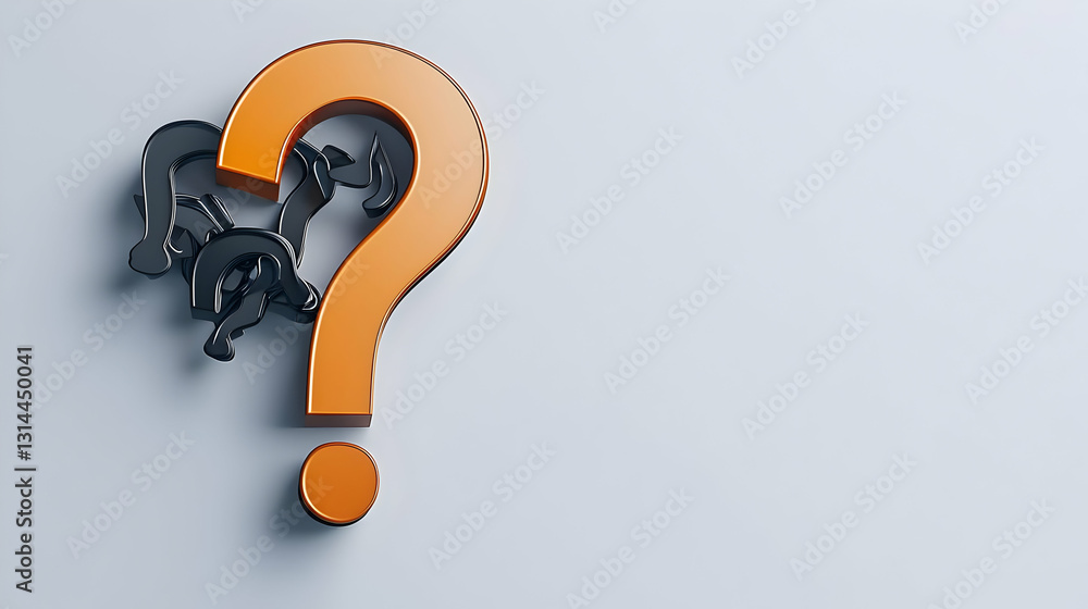 Poster large orange question mark with small black question marks emerging on a soft gray background in a 3
