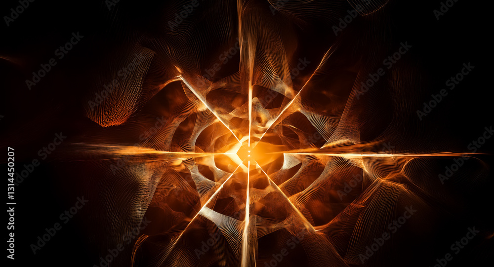 Fototapete abstract orange lines and shapes emanate from a luminous core against a dark background, creating a 