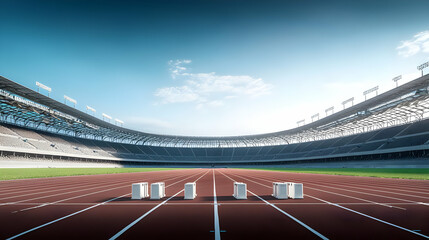 Panoramic View Of A Red Running Track With Starting Blocks In A Stadium With A Blue Sky Background