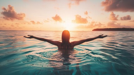 Floating in an infinity pool near the ocean a woman in a flowing dress arms stretched out as she glides through the water distant tropical islands 