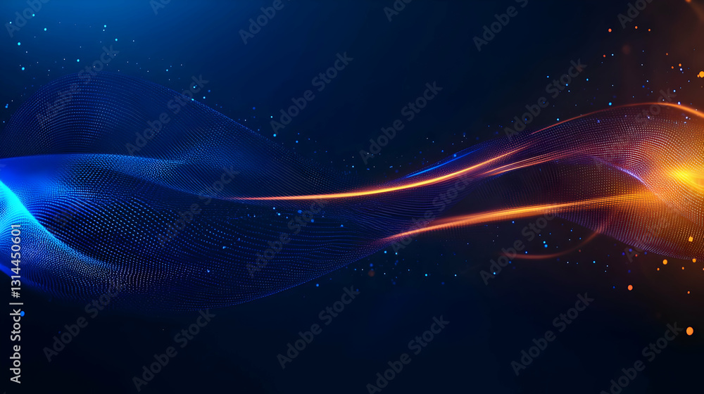 Poster dynamic flow of blue and orange particles on a dark background in a futuristic abstract digital art
