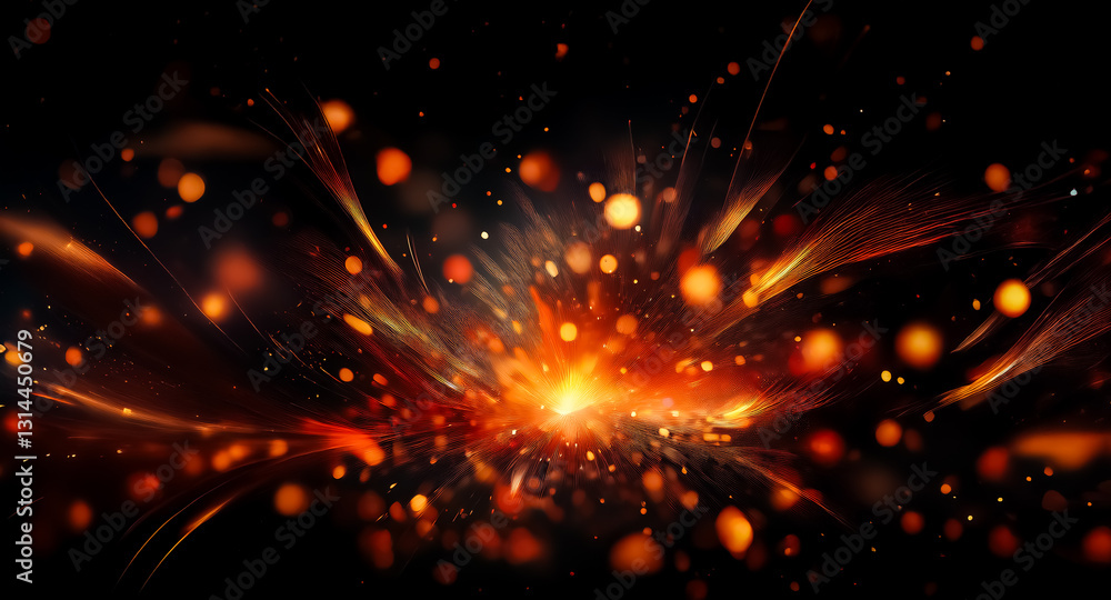 Fototapete bright orange and yellow sparks burst outwards from a central point against a dark black background,