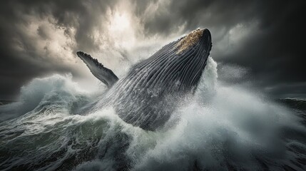 Fototapeta premium Humpback whale breaching ocean storm; dramatic wildlife photography