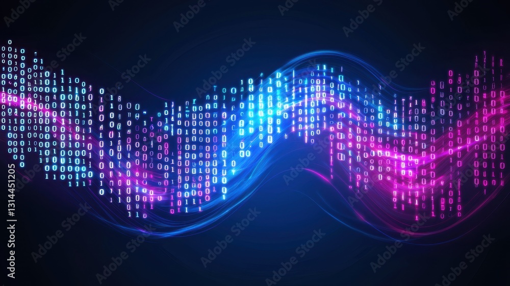 Poster futuristic data flow with neon glowing binary code, abstract technology motion background