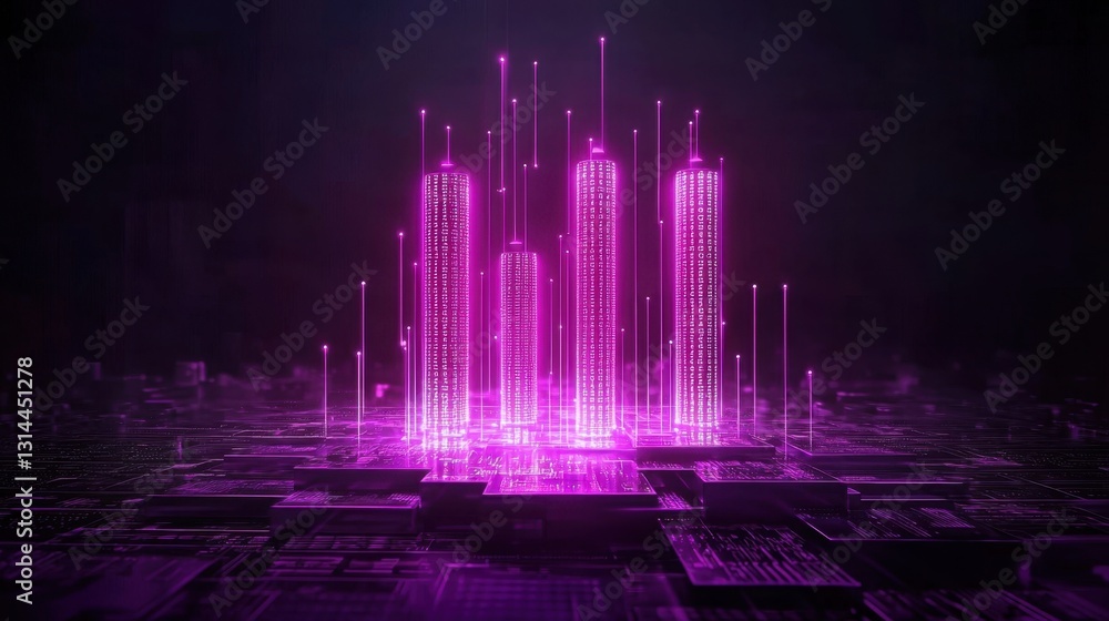 Poster futuristic data flow with neon glowing binary code, abstract technology motion background