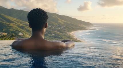 Solo traveler relaxing in an infinity pool overlooking a vast tropical ocean scene surrounded by lush greenery distant mountains on the horizon warm golden sunlight 