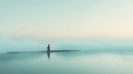 Fototapeta premium tranquil morning in a seaside infinity pool, soft mist rising above the calm ocean, a solo traveler enjoying the gentle embrace of nature