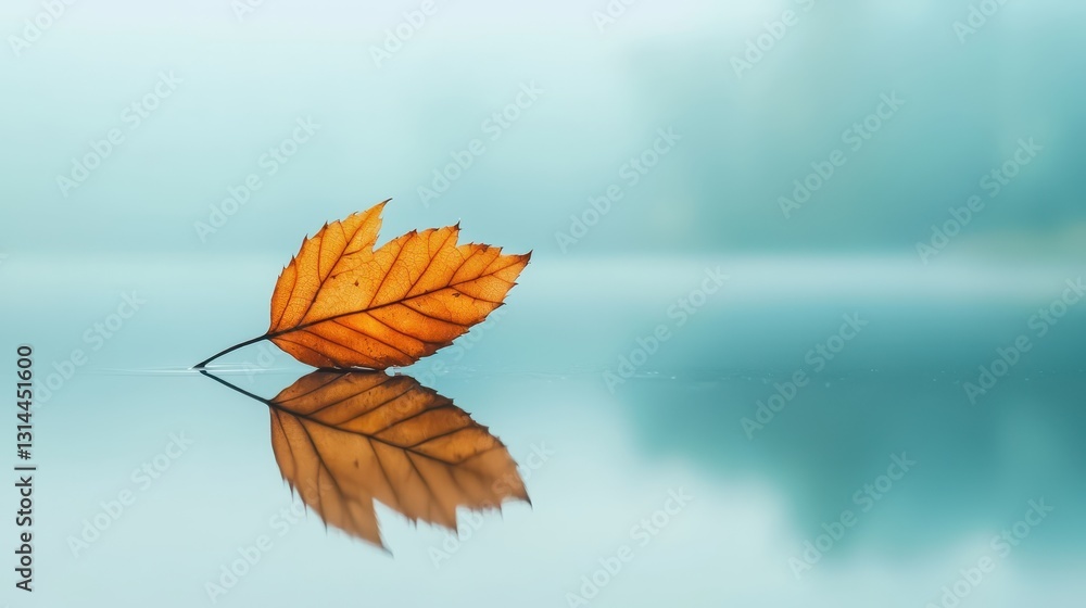 Poster autumn leaf floating on calm water surface with soft fog background
