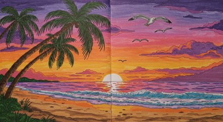Vibrant sunset over a tropical beach with palm trees, waves crashing, and seagulls flying above