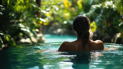 Fototapeta premium a woman soaking in a tropical water retreat, surrounded by lush greenery and crystal-clear waters, embracing relaxation and tranquility