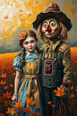 Obraz premium Dorothy and Toto Gaze Up at a Friendly Scarecrow Stuck on a Pole in a Golden Cornfield