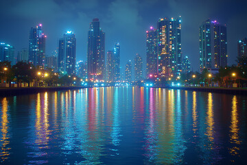 Fototapeta premium Dramatic City Lights Over Calm River