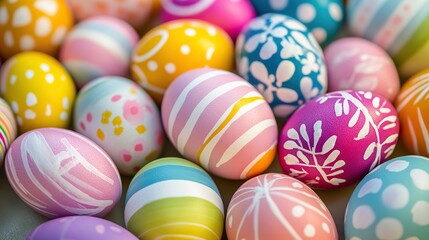 Naklejka premium Vibrant Easter Egg Pattern Composition: Pink, Blue, Green, Yellow, Purple, Red, White, Orange Eggs with Stripes, Floral, Heart, Spiral, Geometric Designs