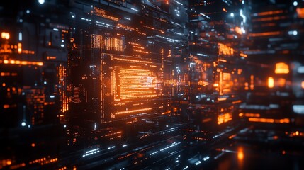 Glowing digital circuit tunnel, abstract tech backdrop