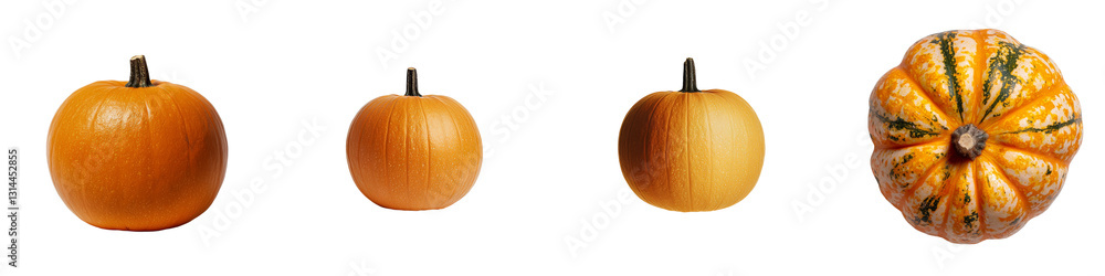 Poster a bright orange pumpkin with green stem and distinct ribbing, displaying its rich color, is isolated