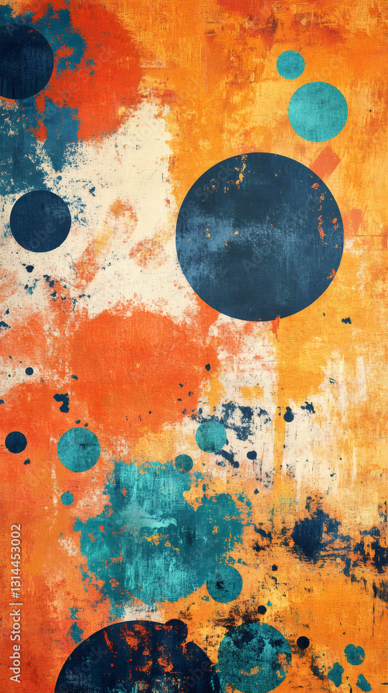Aufkleber Grunge textured background with orange, beige and blue colors, circles and paint splatters creating a vibrant and dynamic composition