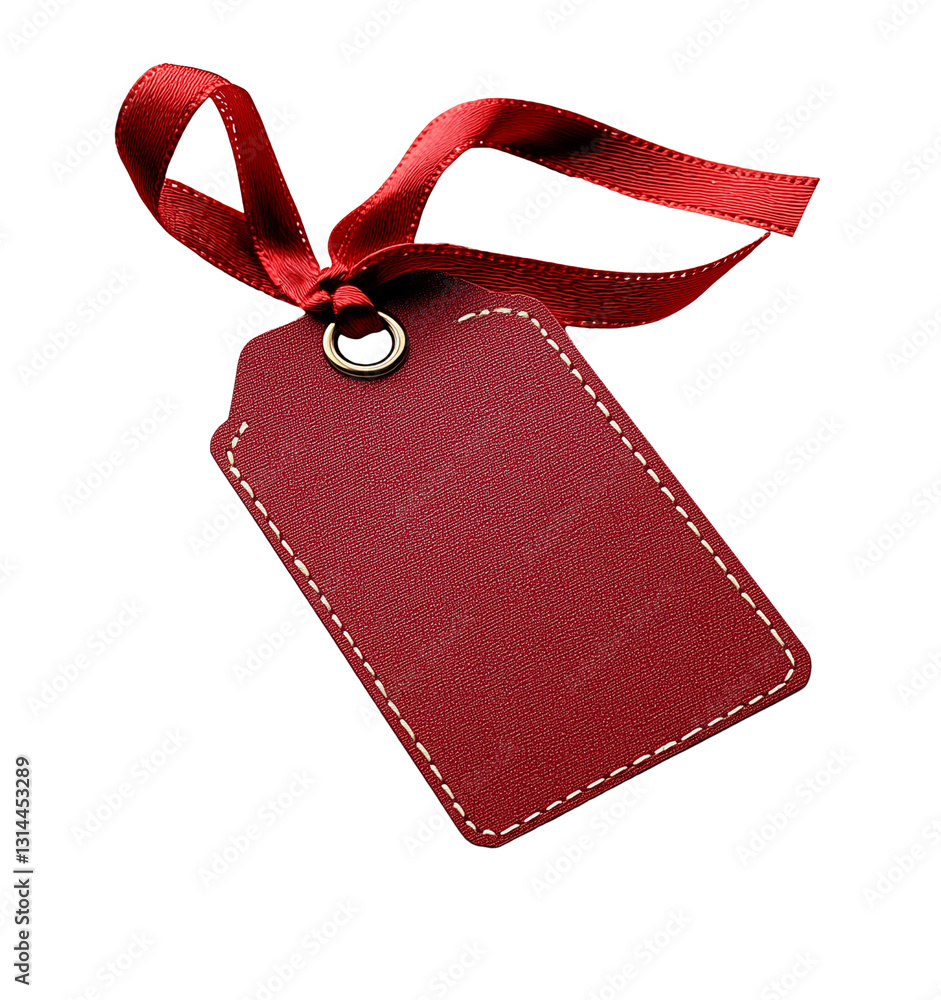 Poster red blank price tag with ribbon, isolated on transparent background