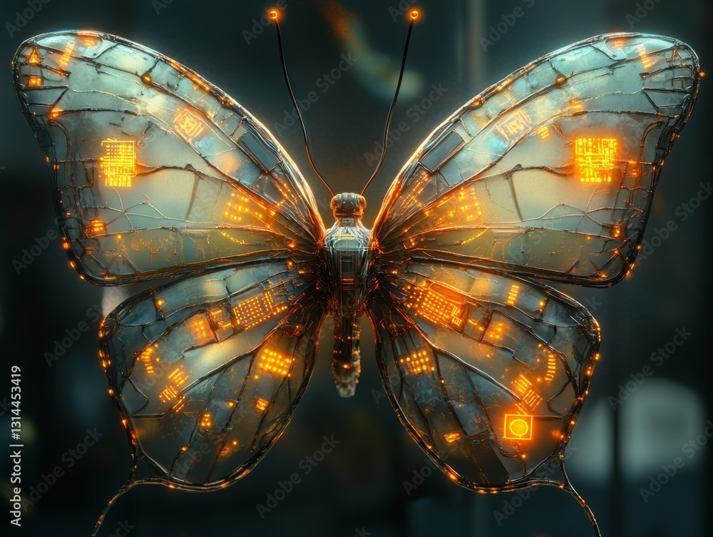 Poster futuristic digital butterfly: a glimpse into the convergence of nature and technology, illuminated b