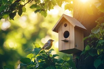 Serene Golden Hour Birdhouse: Wooden Nesting Box with Songbird in Lush Green Foliage