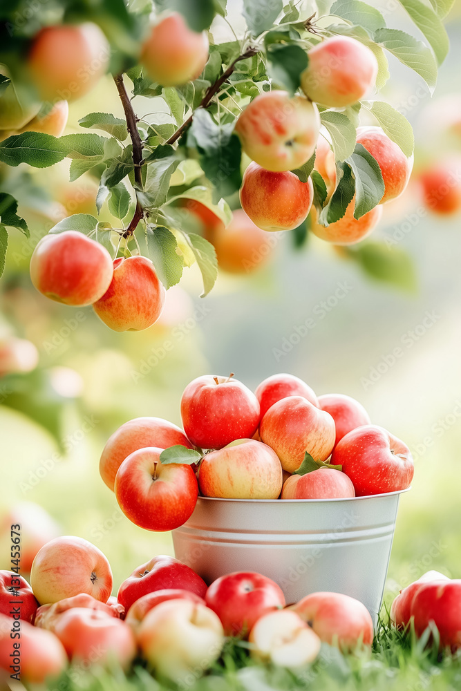 Poster bright red apples rest scattered on soft grass beneath a vibrant tree, while a bucket brimming with 