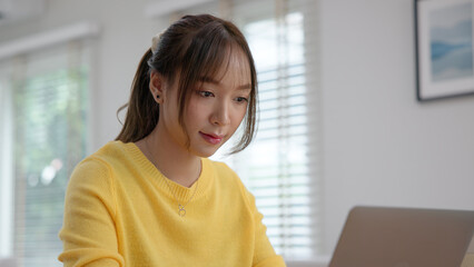 Young asian woman AI tech talent workforce help ask job upskill career plan class. Adult female...