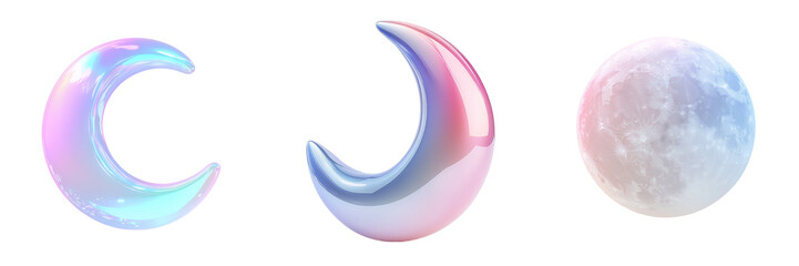 This png image features a 3D moon illustration with a smooth and glossy iridescent finish, displaying a beautiful blend of colors that range from blue to pink, all on a transparent background