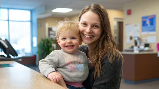 Smiling mother holding a happy toddler at clinic counter. - Powered by Adobe