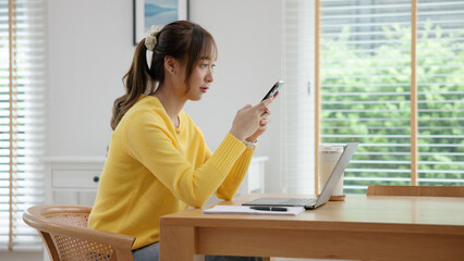 Young woman AI talent workforce help ask job career plan. Adult female asia people happy smile sit...