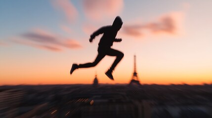 parkour athlete jumping between rooftops