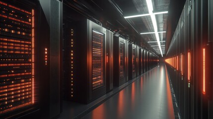 Modern server room with glowing racks