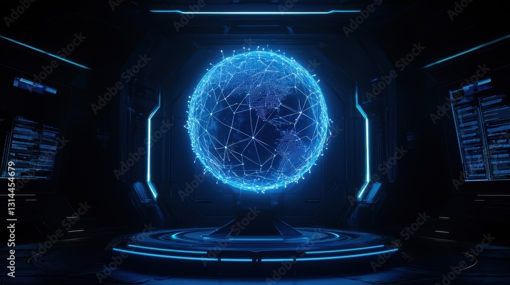 Poster futuristic holographic globe with connected data points, ai-powered global network visualization