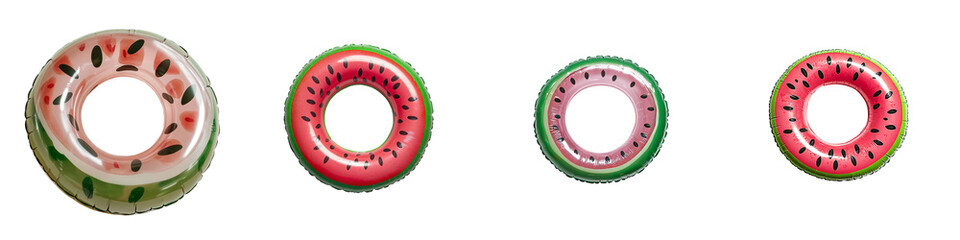 A fun and colorful watermelon-shaped float, designed for pool or beach use, is isolated on a transparent background and available in png format
