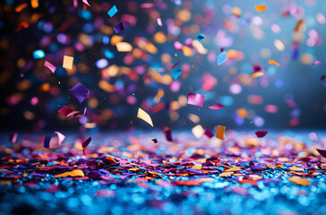 Colorful confetti falling on vibrant blue background with realistic motion blur, festive celebration concept for birthday party decorations, New Year events or joyful social media posts. Dynamic compo