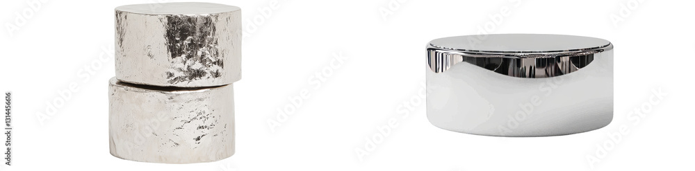 Poster a modern and sleek dual-level pedestal display stand made of silver, perfect for showcasing products