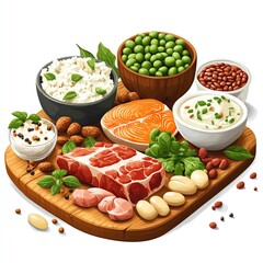 High Protein Ingredients Botanical & Nature-Inspired Minimalism A colorful assortment of healthy foods.