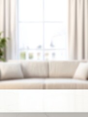 Fototapeta premium Bright living space featuring an empty white tabletop in front of a couch, window with curtains