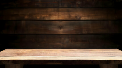Empty Rustic Wooden Table Top Against Dark Brown Wood Plank Wall Background With Spotlight Illumination Perfect For Product Placement In Vintage Or