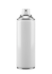 A plain white aerosol spray can with a silver top and a small nozzle, standing upright against a white background.
