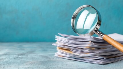 Magnifying Glass Over Stack of Papers on Blue Background